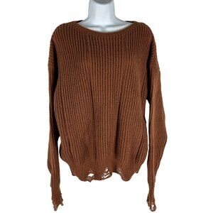Distressed Brown Knit Sweater - Womens Size L - 100% Polyester